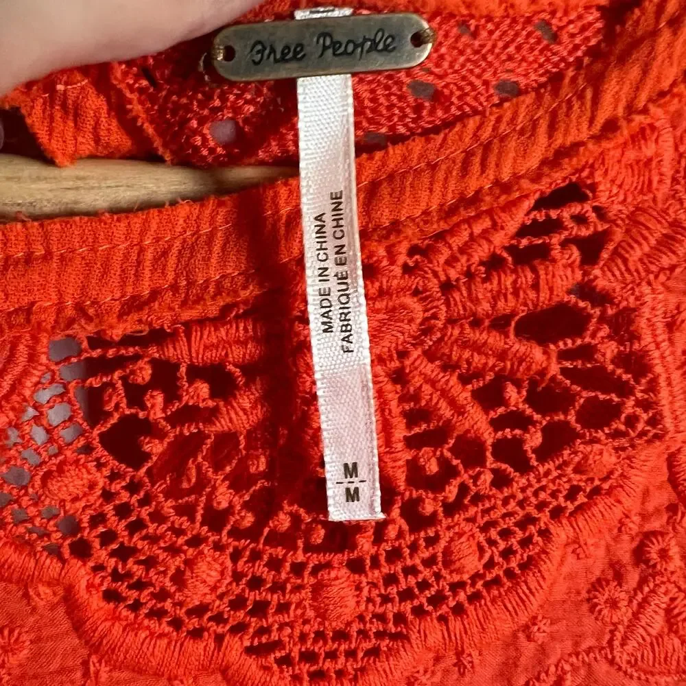 Free People Red Once Upon A Time Linen Crochet Bell Sleeve Top Size M
